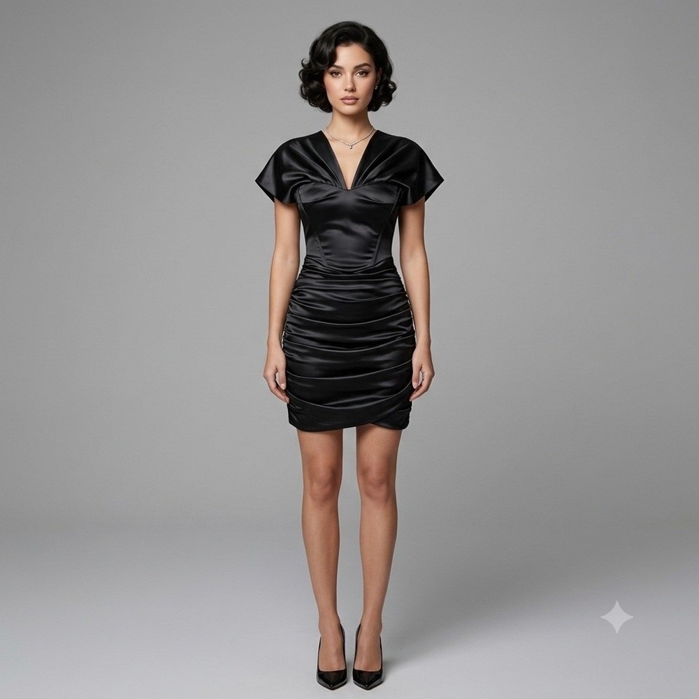 Leau Black Satin Ruched Corset Mini Dress Cap Sleeve V-Neck Size Small